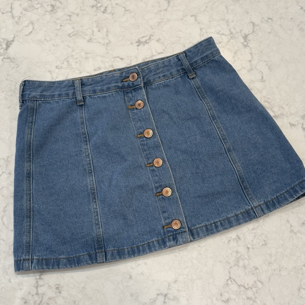 Denim Mini Skirt Button Front Medium Wash Blue Jean Forever 21 Juniors Large